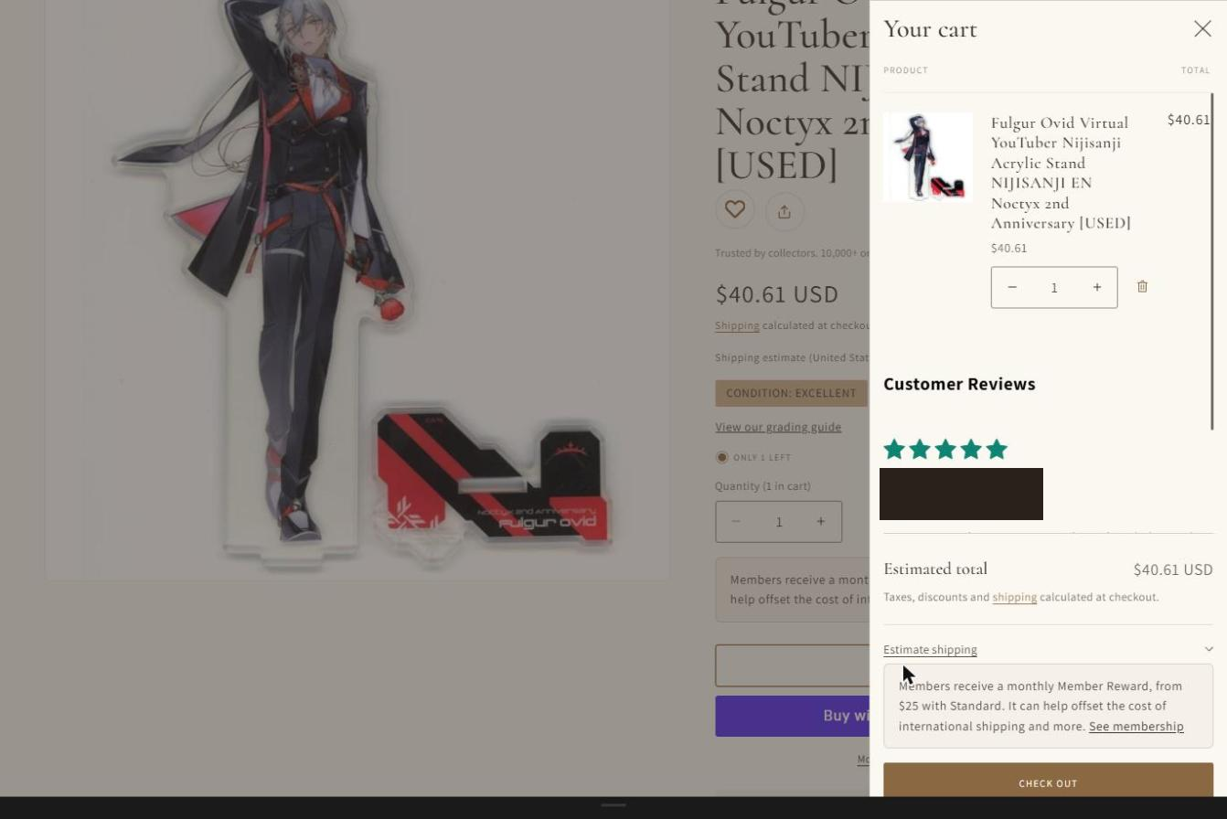 Cart opened on the side of the page with the quantity controls and the Check out button