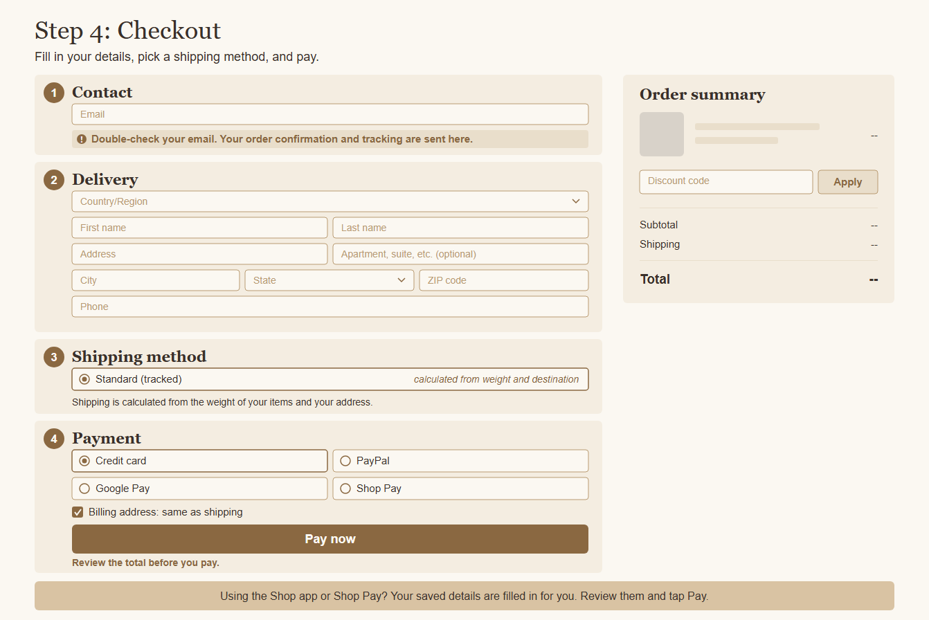Diagram of the checkout page: email address, shipping address, and payment