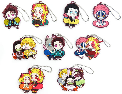 Kyojuro Rengoku, etc. Demon Slayer: Kimetsu no Yaiba Charabanchoukou Rubber Mascot 7th Form All 9 Types Set Key Ring [USED]