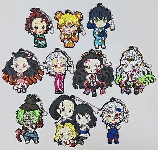 Tengen Uzui, etc. Demon Slayer: Kimetsu no Yaiba Ichiban Kuji Town Where Demons Live Kyun Chara Illustrations Rubber Mascot Prize H All 10 Types Set Key Ring [USED]