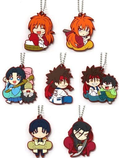 Kenshin Himua, etc. Rurouni Kenshin: Meiji Kenkaku Romantan Charabanchoukou Rubber Mascot All 7 Types Set Key Chain [USED]