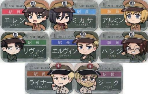 Levi Ackerman, etc. Attack on Titan Trading Name Tag Can Badge Playing with Trains All 8 Types Set Tin Badge [USED]