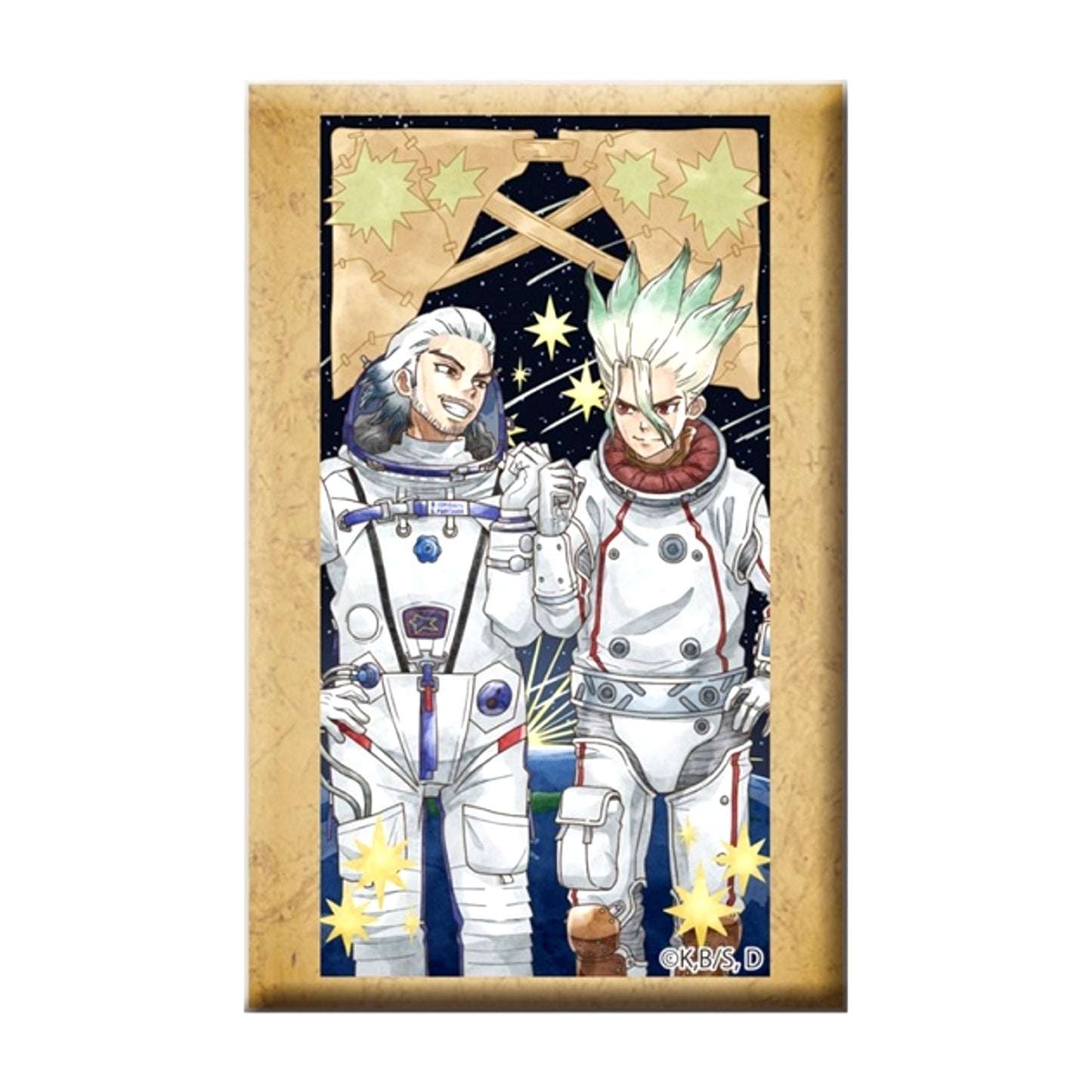 Dr.STONE Square Can Badge with Stand Senku & Byakuya [NEW]