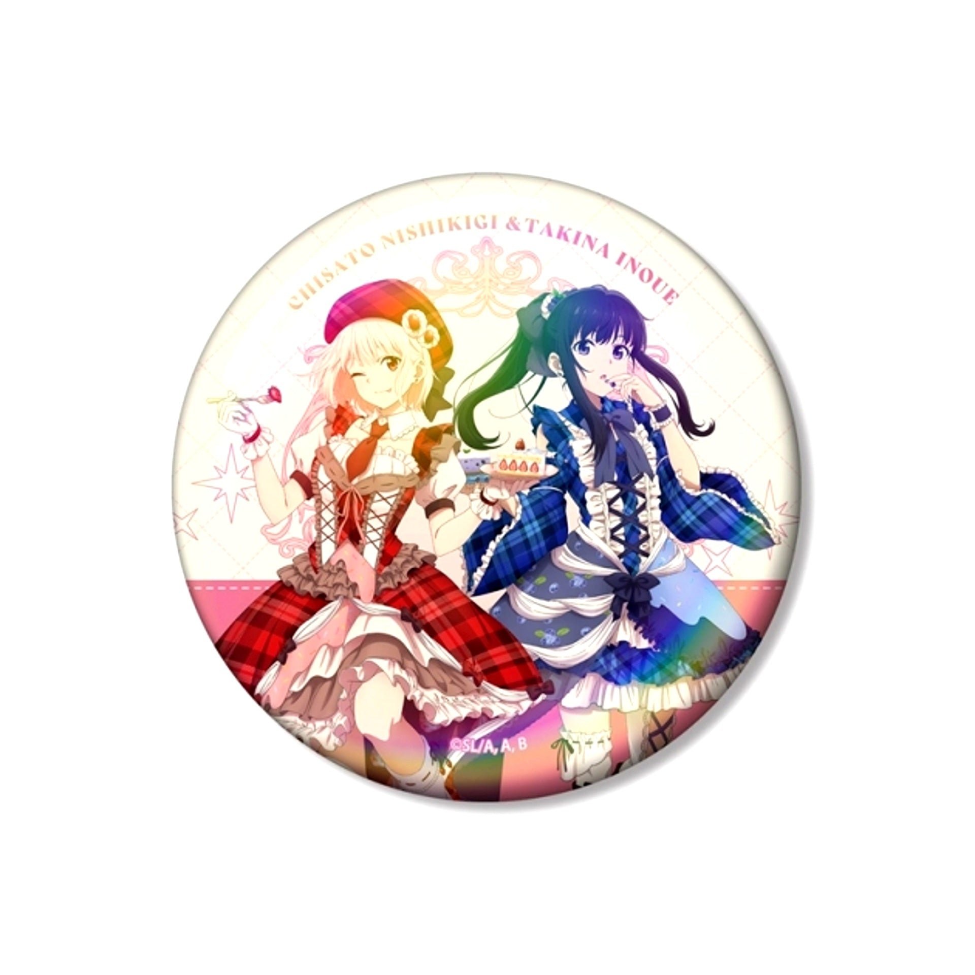 TV Anime Lycoris Recoil Newly Drawn Chisato Nishikigi & Takina Inoue Sweets Outfit ver. 75mm Aurora Can Badge (Reissue) [NEW]