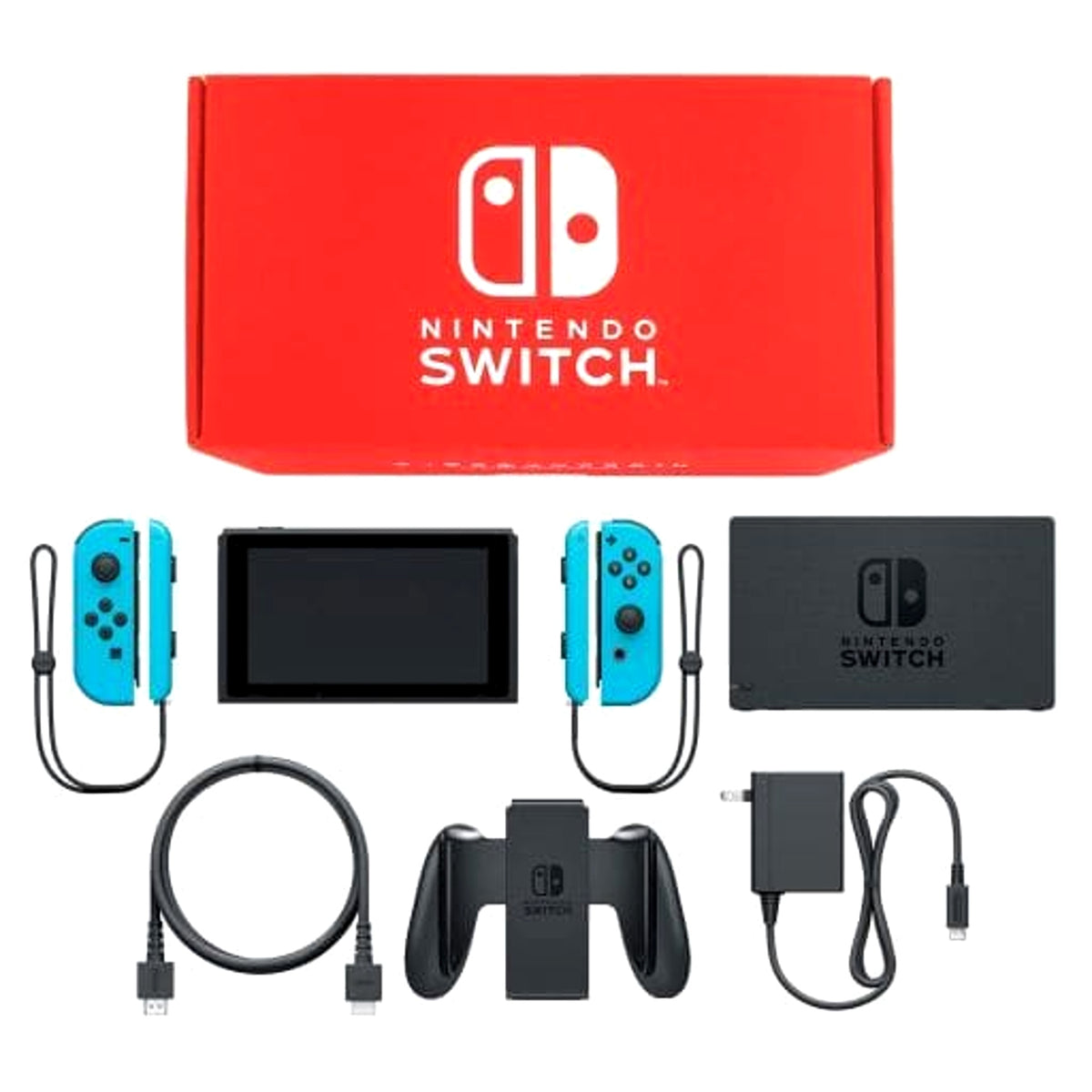 Nintendo Switch Joy-Con L&R: Neon Blue Joy-Con Strap Neon Blue Color Custom HAC-S-KABAA Console with Box and Charger NTSC-J Nintendo Switch Console [USED]