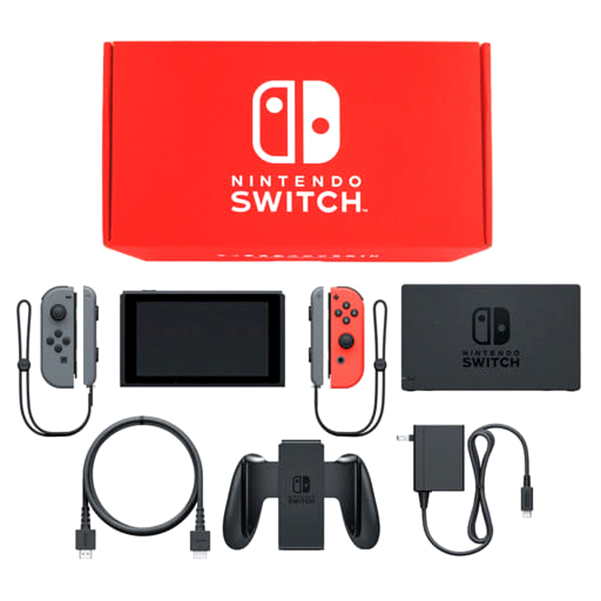 Nintendo Switch Joy-Con L: Gray / R: Neon Red Joy-Con Strap Gray Color Custom HAC-S-KABAA Console with Box and Charger NTSC-J Nintendo Switch Console [USED]