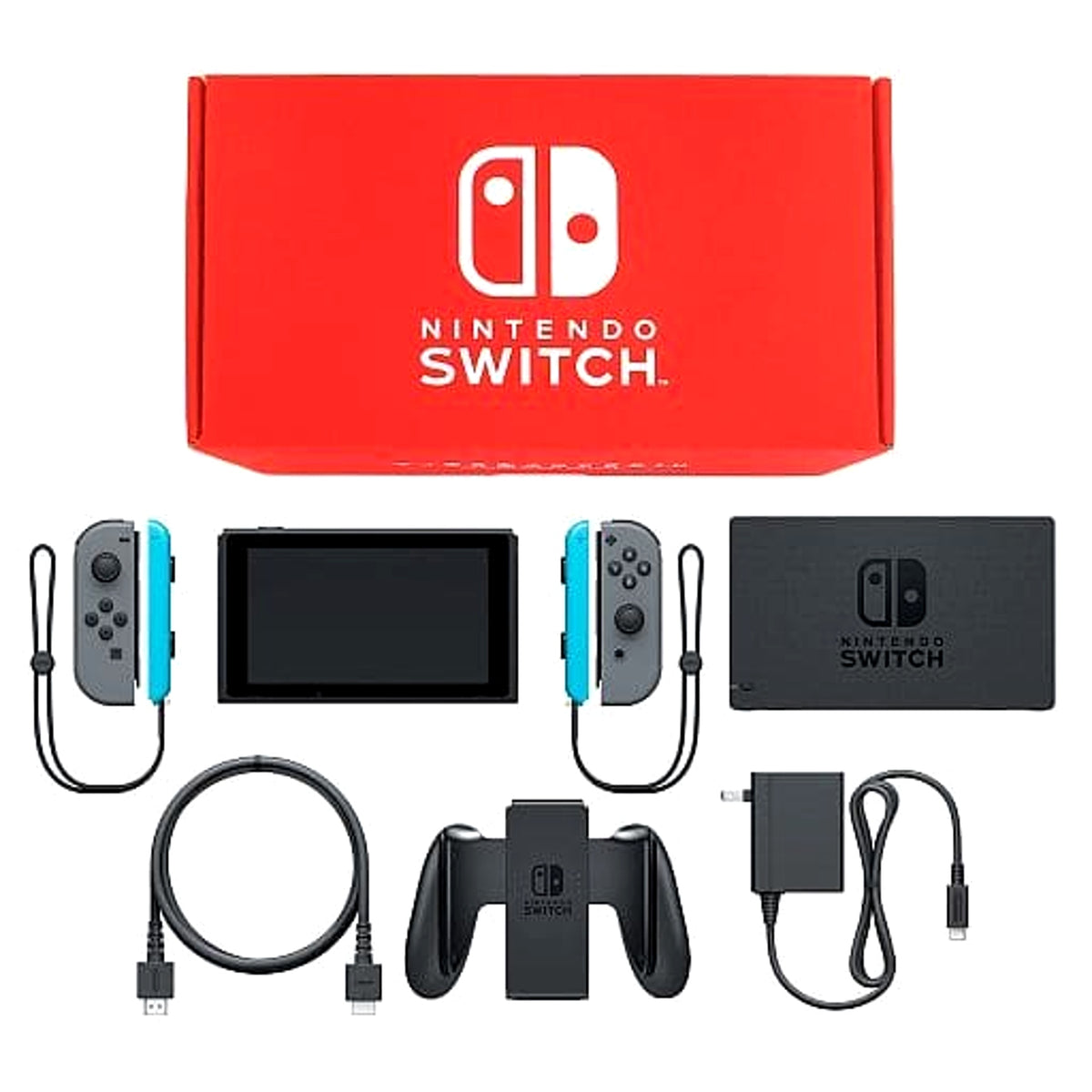 Nintendo Switch Joy-Con L&R: Gray Joy-Con Strap Neon Blue Color Custom HAC-S-KABAA Console with Box and Charger NTSC-J Nintendo Switch Console [USED]