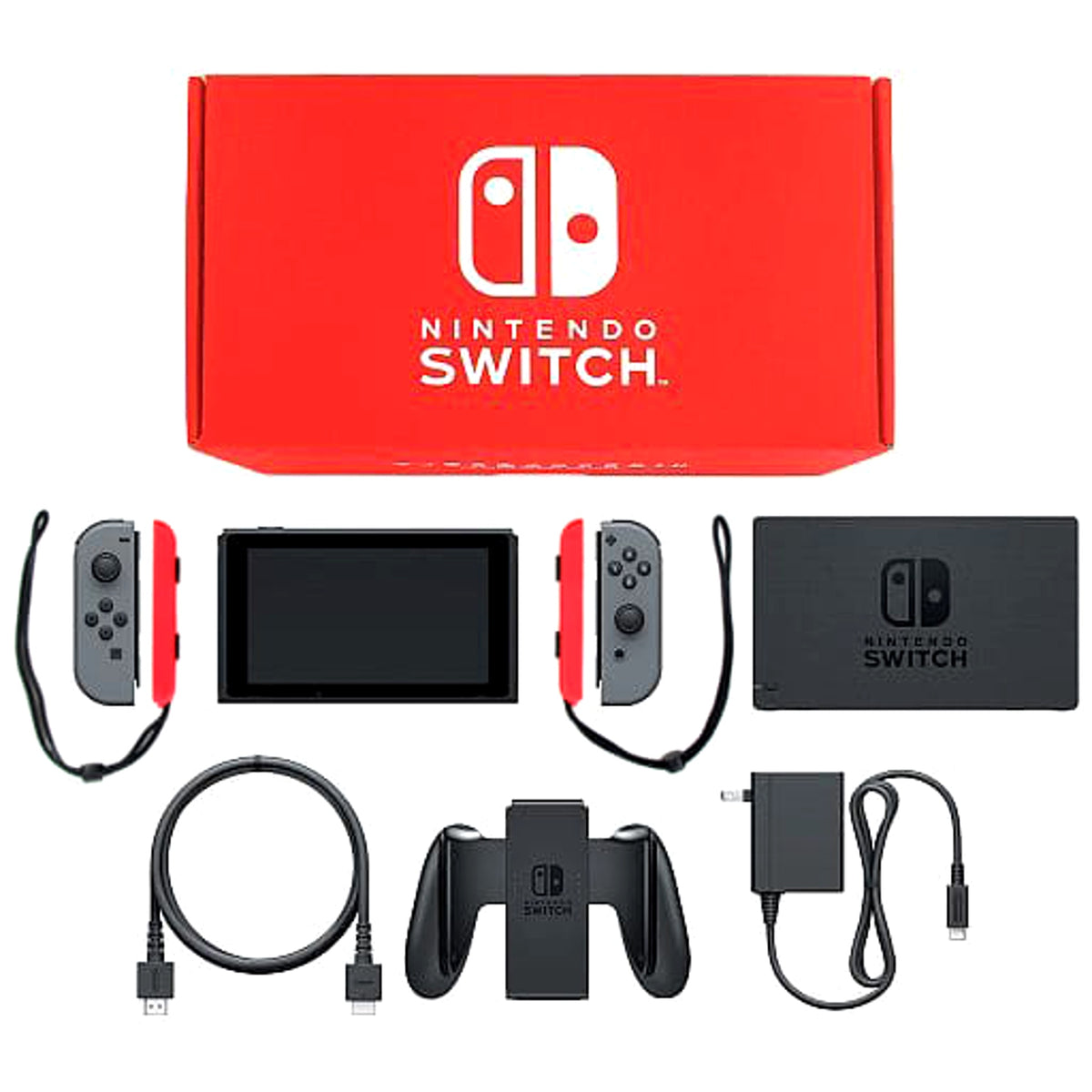 Nintendo Switch Joy-Con L&R: Gray Joy-Con Strap Neon Red Color Custom HAC-S-KABAA Console with Box and Charger NTSC-J Nintendo Switch Console [USED]