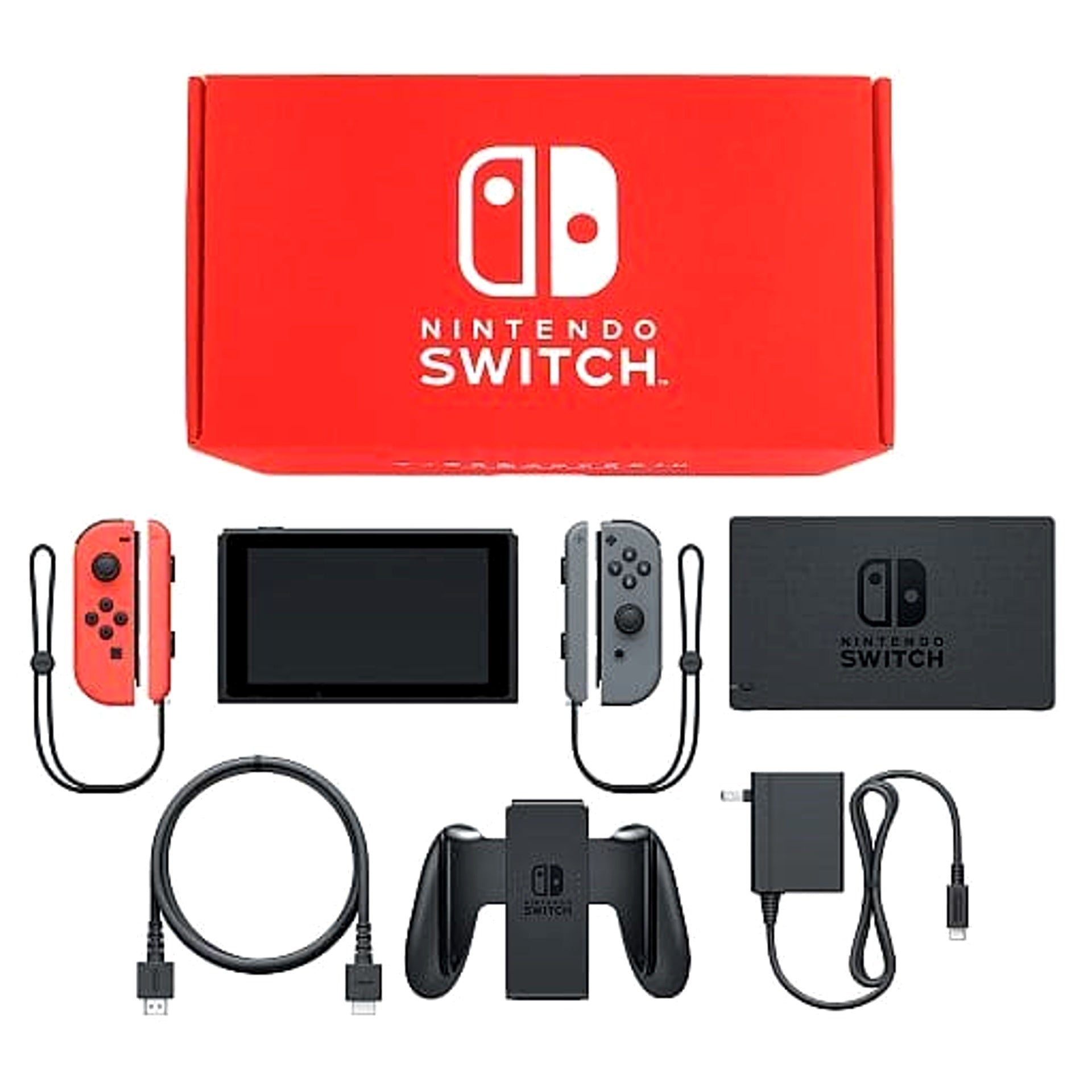 Nintendo Switch Joy-Con L: Neon Red / R: Gray Joy-Con Strap Neon Red and Gray Color Custom HAC-S-KABAA Console with Box and Charger NTSC-J Nintendo Switch Console [USED]
