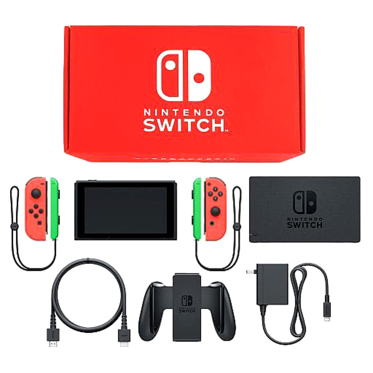 Nintendo Switch Joy-Con L&R: Neon Red Joy-Con Strap Neon Green Color Custom HAC-S-KABAA Console with Box and Charger NTSC-J Nintendo Switch Console [USED]