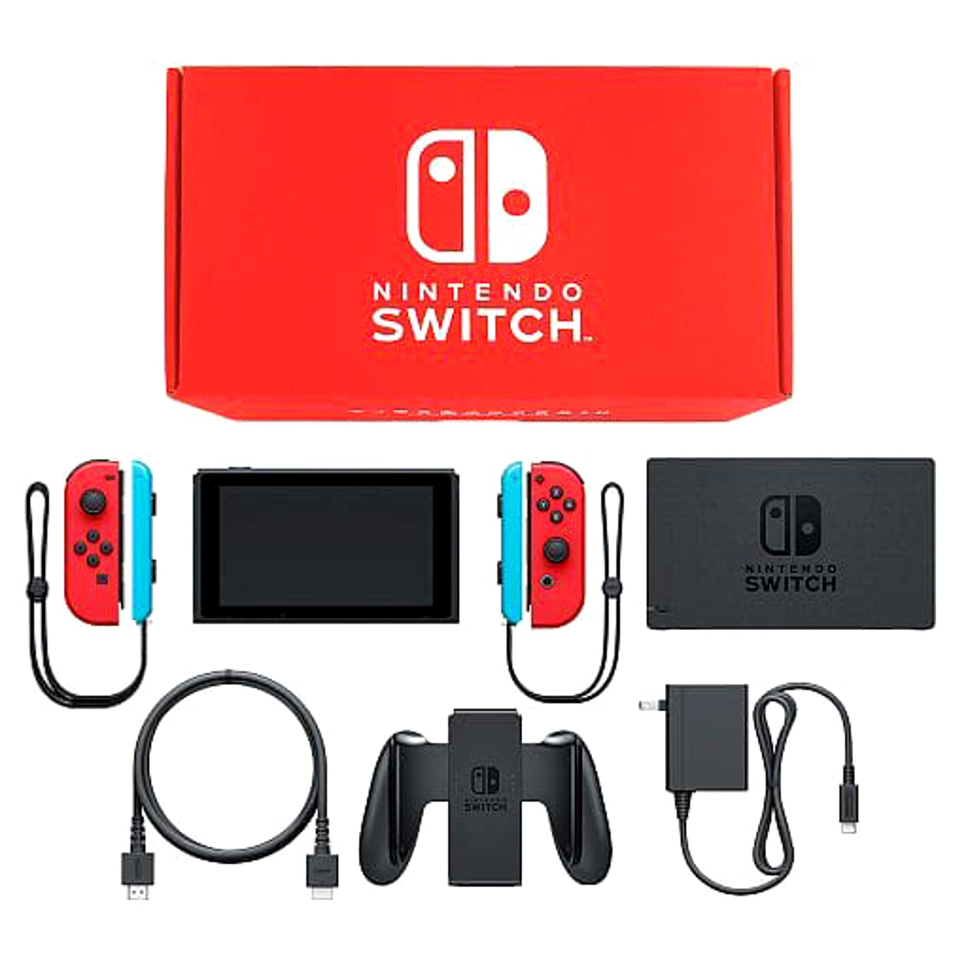 Nintendo Switch Joy-Con L&R: Red Joy-Con Strap Neon Blue Color Custom HAC-S-KABAA Console with Box and Charger NTSC-J Nintendo Switch Console [USED]