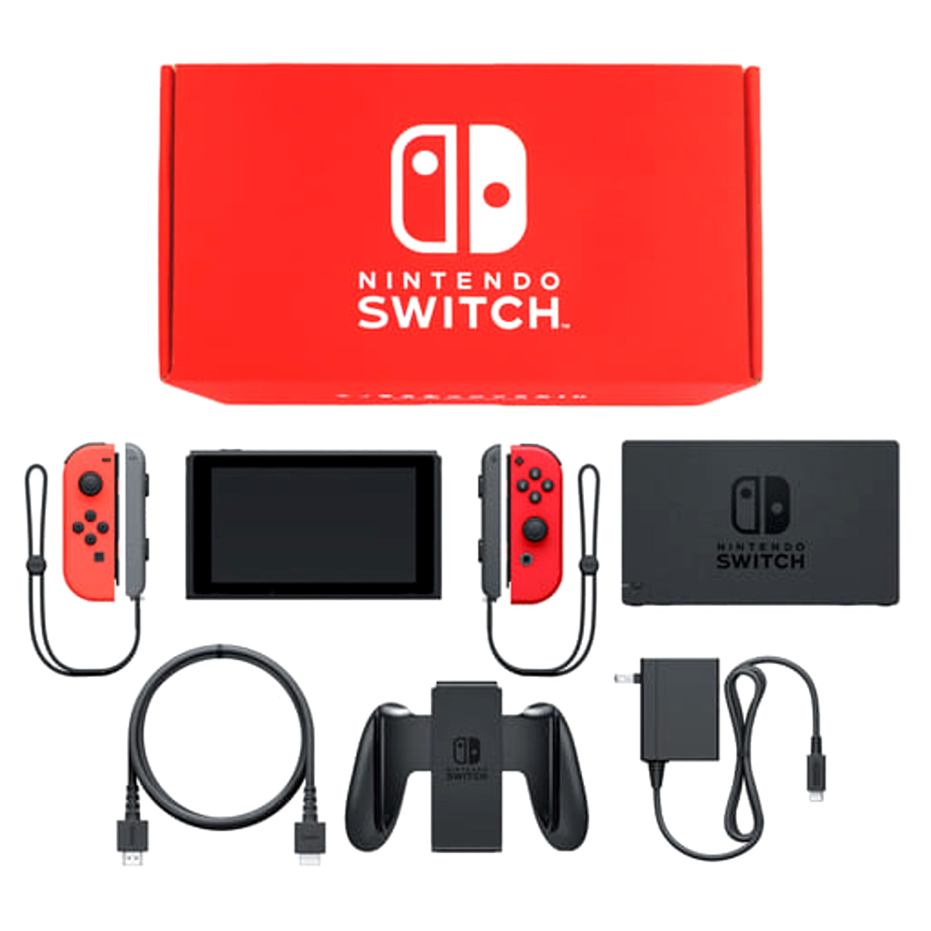Nintendo Switch Joy-Con L: Neon Red / R: Red Joy-Con Strap Gray and Black Color Custom HAC-S-KABAA Console with Box and Charger NTSC-J Nintendo Switch Console [USED]
