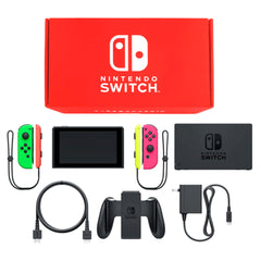 Nintendo Switch August 2019 Revision Joy-Con L: Neon Green / R: Neon Pink Joy-Con Strap Neon Red and Neon Yellow Color Custom HAD-S-KAYAA Console with Box and Charger NTSC-J Nintendo Switch Console [USED]