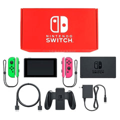 Nintendo Switch August 2019 Revision Joy-Con L: Neon Green / R: Neon Pink Joy-Con Strap Neon Green and Neon Pink Color Custom HAD-S-KAYAA Console with Box and Charger NTSC-J Nintendo Switch Console [USED]