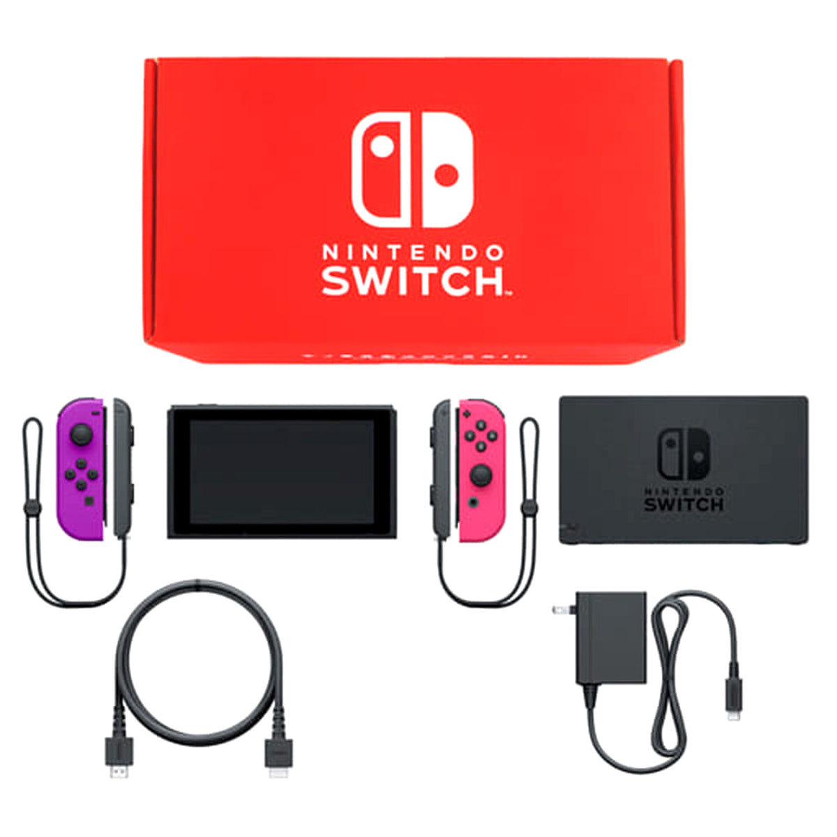 Nintendo Switch August 2019 Revision Joy-Con L: Neon Purple / R: Neon Pink Joy-Con Strap Black Color Custom HAD-S-KAYAA Console with Box and Charger NTSC-J Nintendo Switch Console [USED]