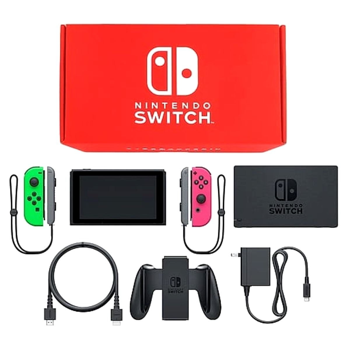 Nintendo Switch August 2019 Revision Joy-Con L: Neon Green / R: Neon Pink Joy-Con Strap Gray Color Custom HAD-S-KAYAA Console with Box and Charger NTSC-J Nintendo Switch Console [USED]