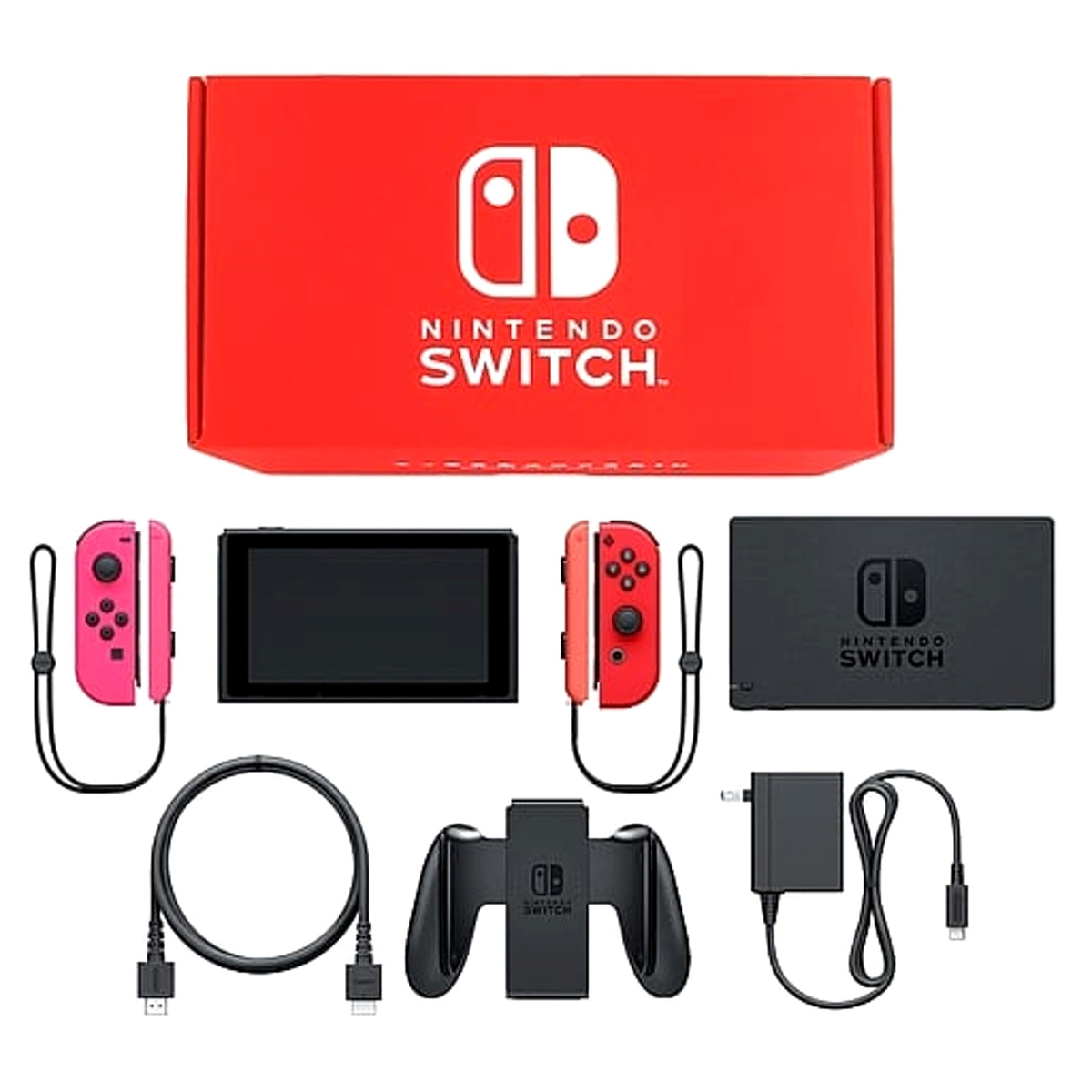 Nintendo Switch August 2019 Revision Joy-Con L: Neon Pink / R: Red Joy-Con Strap Neon Red and Neon Pink Color Custom HAD-S-KAYAA Console with Box and Charger NTSC-J Nintendo Switch Console [USED]