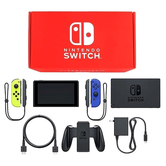 Nintendo Switch August 2019 Revision Joy-Con L: Neon Yellow / R: Blue Joy-Con Strap Black Color Custom HAD-S-KAYAA Console with Box and Charger NTSC-J Nintendo Switch Console [USED]