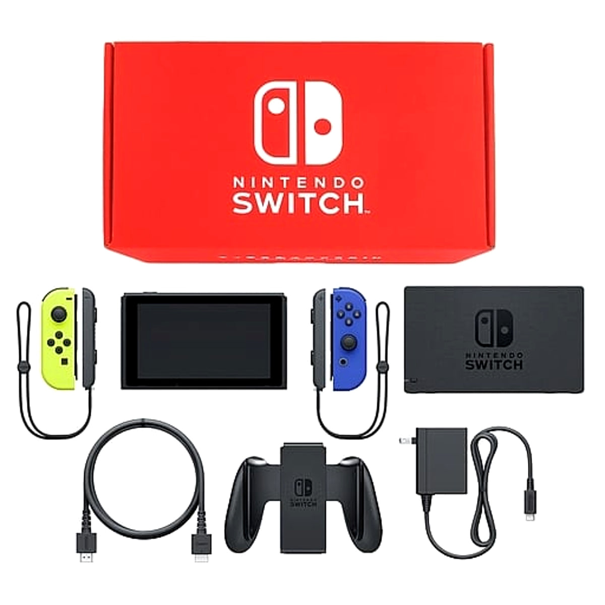 Nintendo Switch August 2019 Revision Joy-Con L: Neon Yellow / R: Blue Joy-Con Strap Black Color Custom HAD-S-KAYAA Console with Box and Charger NTSC-J Nintendo Switch Console [USED]