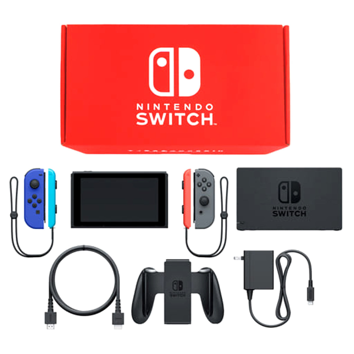 Nintendo Switch August 2019 Revision Joy-Con L: Blue / R: Gray Joy-Con Strap Neon Red and Neon Blue Color Custom HAD-S-KAYAA Console with Box and Charger NTSC-J Nintendo Switch Console [USED]