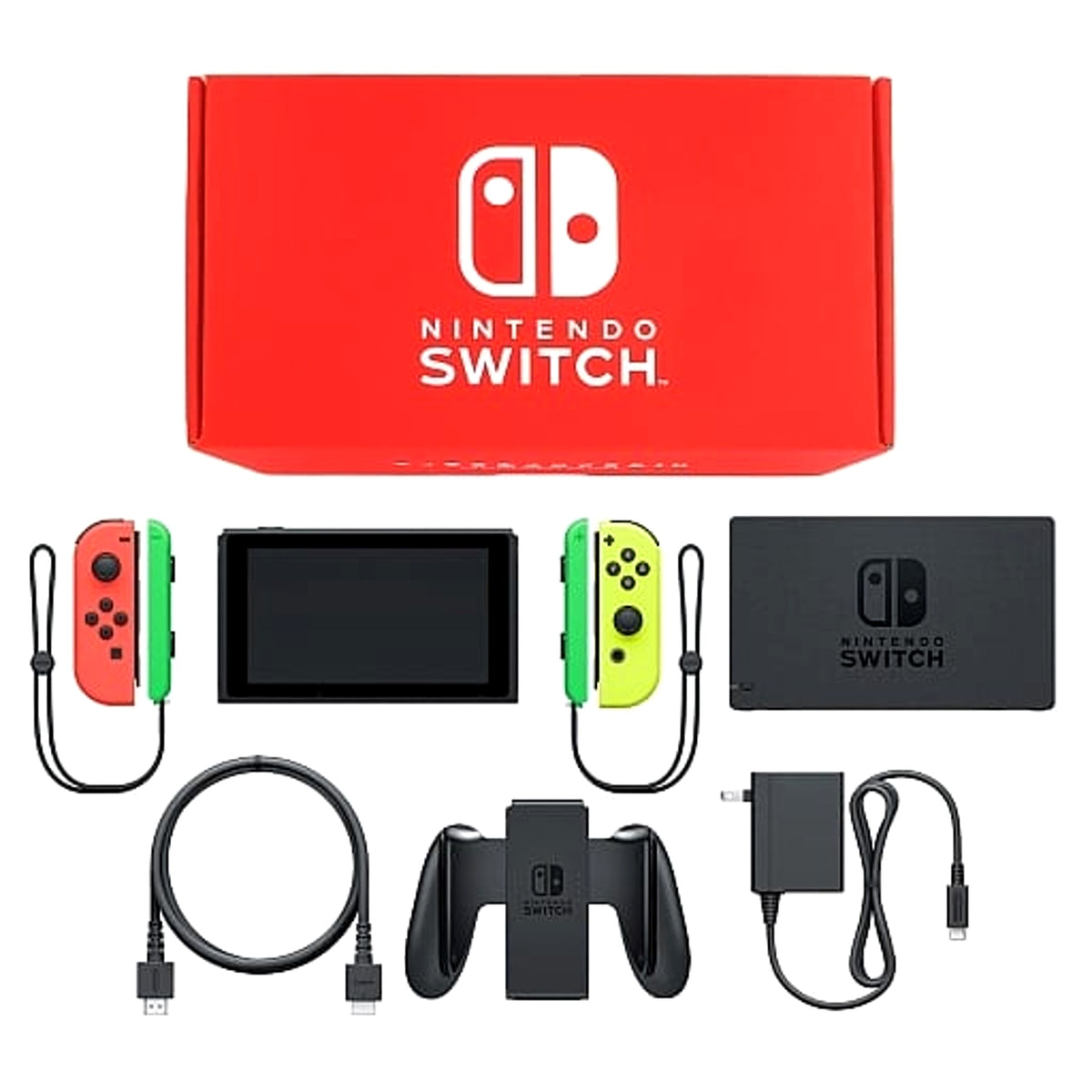 Nintendo Switch August 2019 Revision Joy-Con L: Neon Red / R: Neon Yellow Joy-Con Strap Neon Green Color Custom HAD-S-KAYAA Console with Box and Charger NTSC-J Nintendo Switch Console [USED]