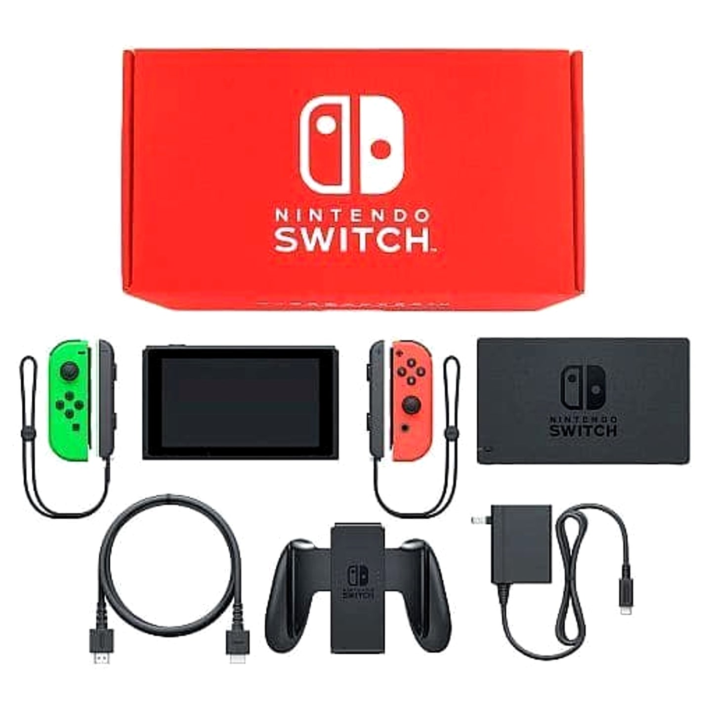 Nintendo Switch Joy-Con L: Neon Green / R: Neon Red Joy-Con Strap Black Color Custom HAC-S-KABAA Console with Box and Charger NTSC-J Nintendo Switch Console [USED]