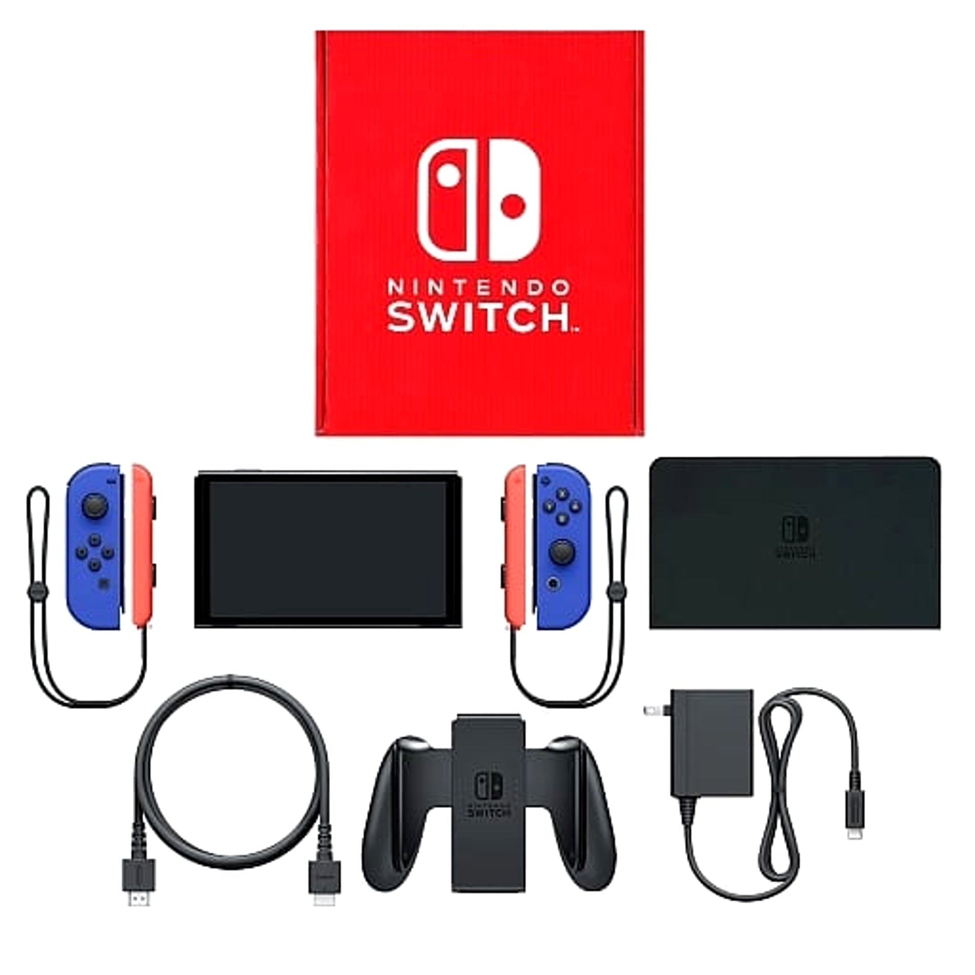 Nintendo Switch OLED Model Joy-Con L&R: Blue Joy-Con Strap Neon Red Color Custom HEG-S-KAYAA(JPN) Console with Box and Charger NTSC-J Nintendo Switch Console [USED]