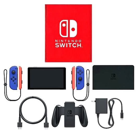 Nintendo Switch OLED Model Joy-Con L&R: Blue Joy-Con Strap Neon Red Color Custom HEG-S-KAYAA(JPN) Console with Box and Charger NTSC-J Nintendo Switch Console [USED]