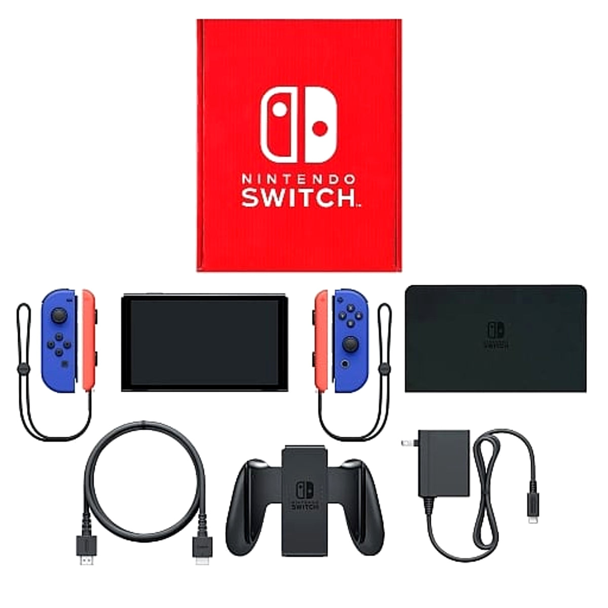 Nintendo Switch OLED Model Joy-Con L&R: Blue Joy-Con Strap Neon Red Color Custom HEG-S-KAYAA(JPN) Console with Box and Charger NTSC-J Nintendo Switch Console [USED]