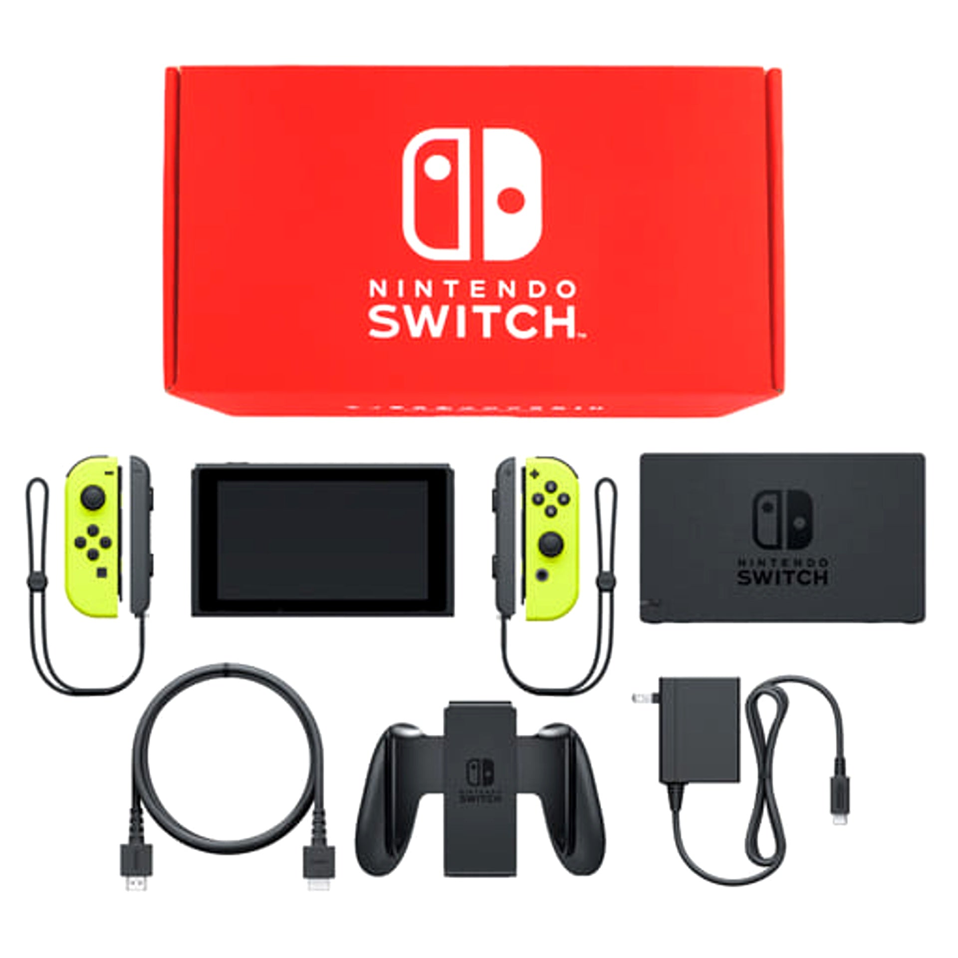Nintendo Switch August 2019 Revision Joy-Con L&R: Neon Yellow Joy-Con Strap Black Color Custom HAD-S-KAYAA Console with Box and Charger NTSC-J Nintendo Switch Console [USED]