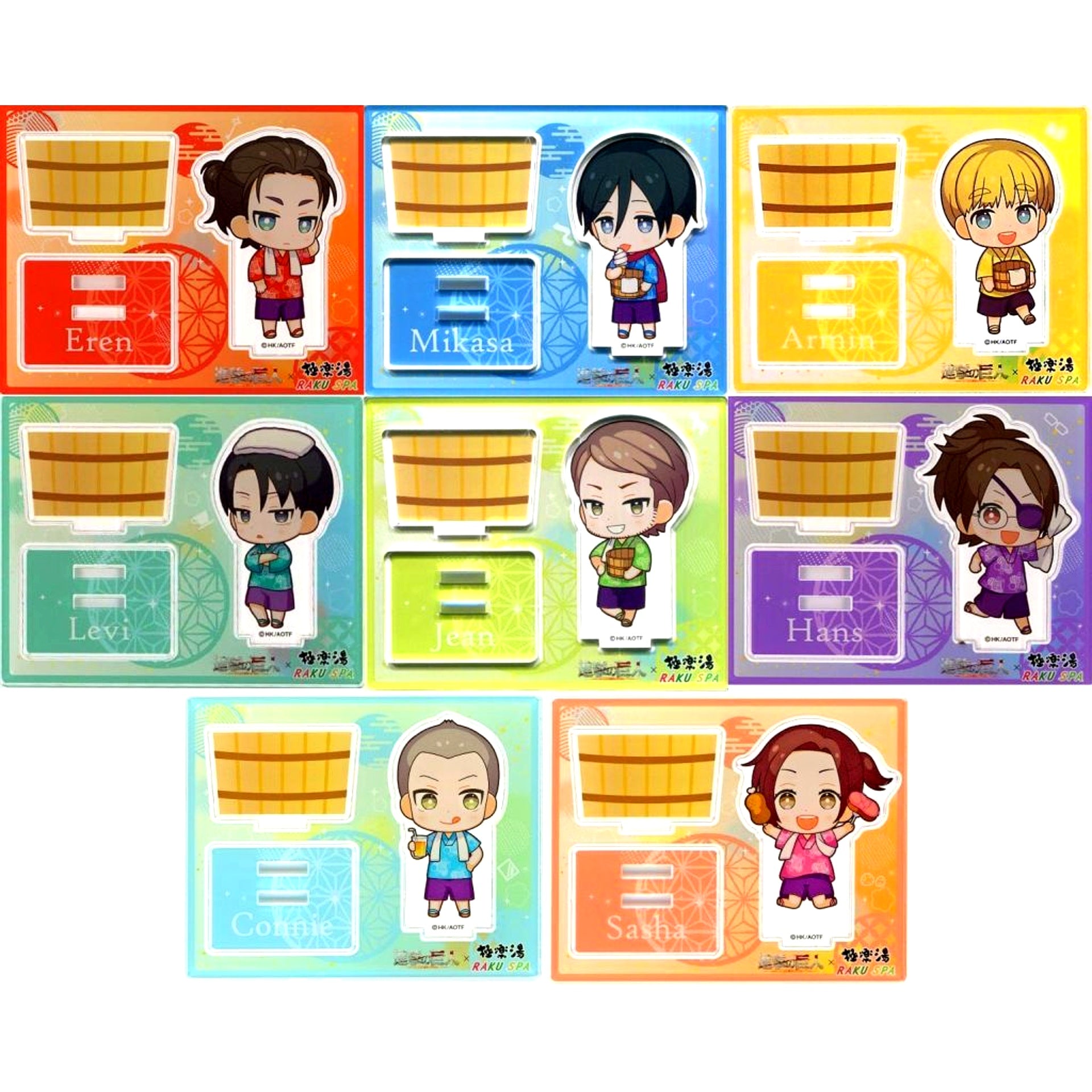 Set of 8 Attack on Titan Gokurakuyu RAKU SPA Mini Chara Acrylic Stand [USED]