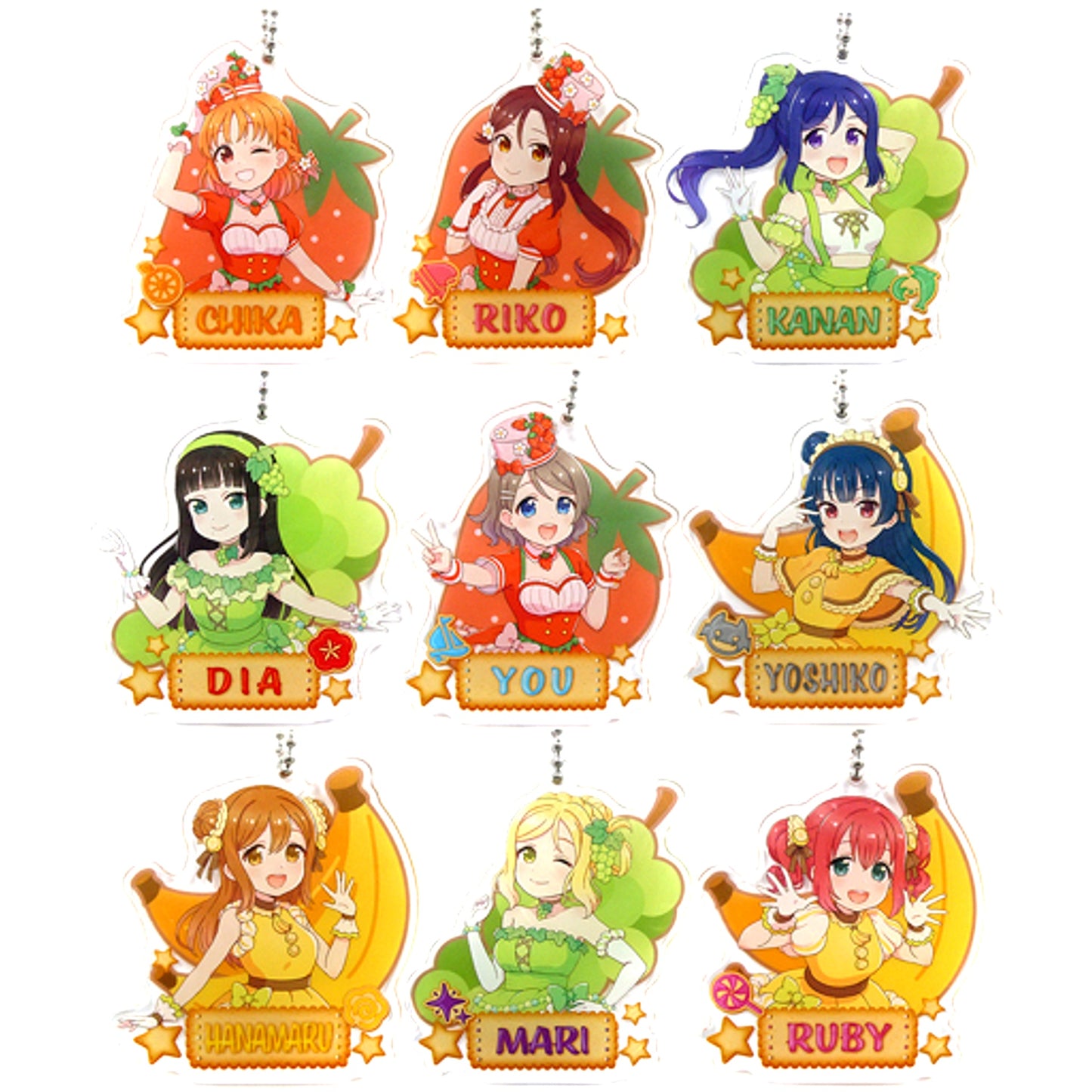 Set of 9 Sega Collabo Cafe Love Live! Sunshine!! Acrylic Keychain Fruits [USED]