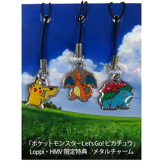 Set of 3 Pikachu & Charizard & Venusaur Pokemon Let's Go! Pikachu Metal Charm Switch Software Loppi HMV Purchase Bonus [USED]