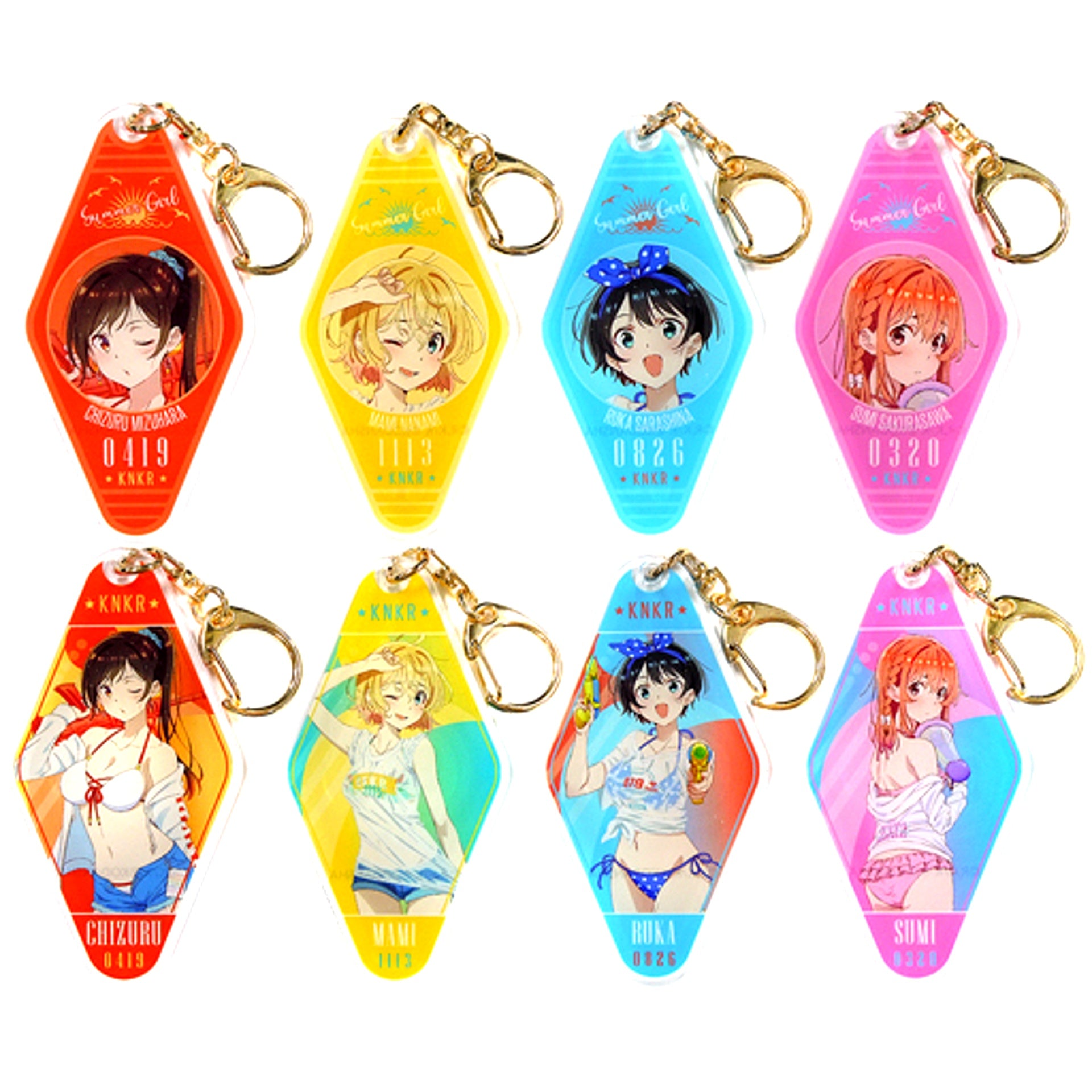 Set of 8 Rent-A-Girlfriend Drawn Illustration Beach Date Ver. Trading Acrylic Keychain [USED]