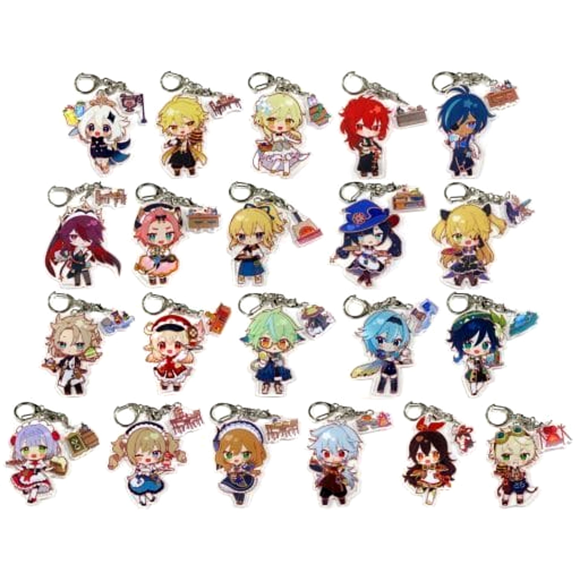Genshin Paimon & Others All 21 Types Set Chibi Chara Trading Acrylic Keychains Sweets Paradise Soyokaze no Kyoen Limited Keychains [USED]