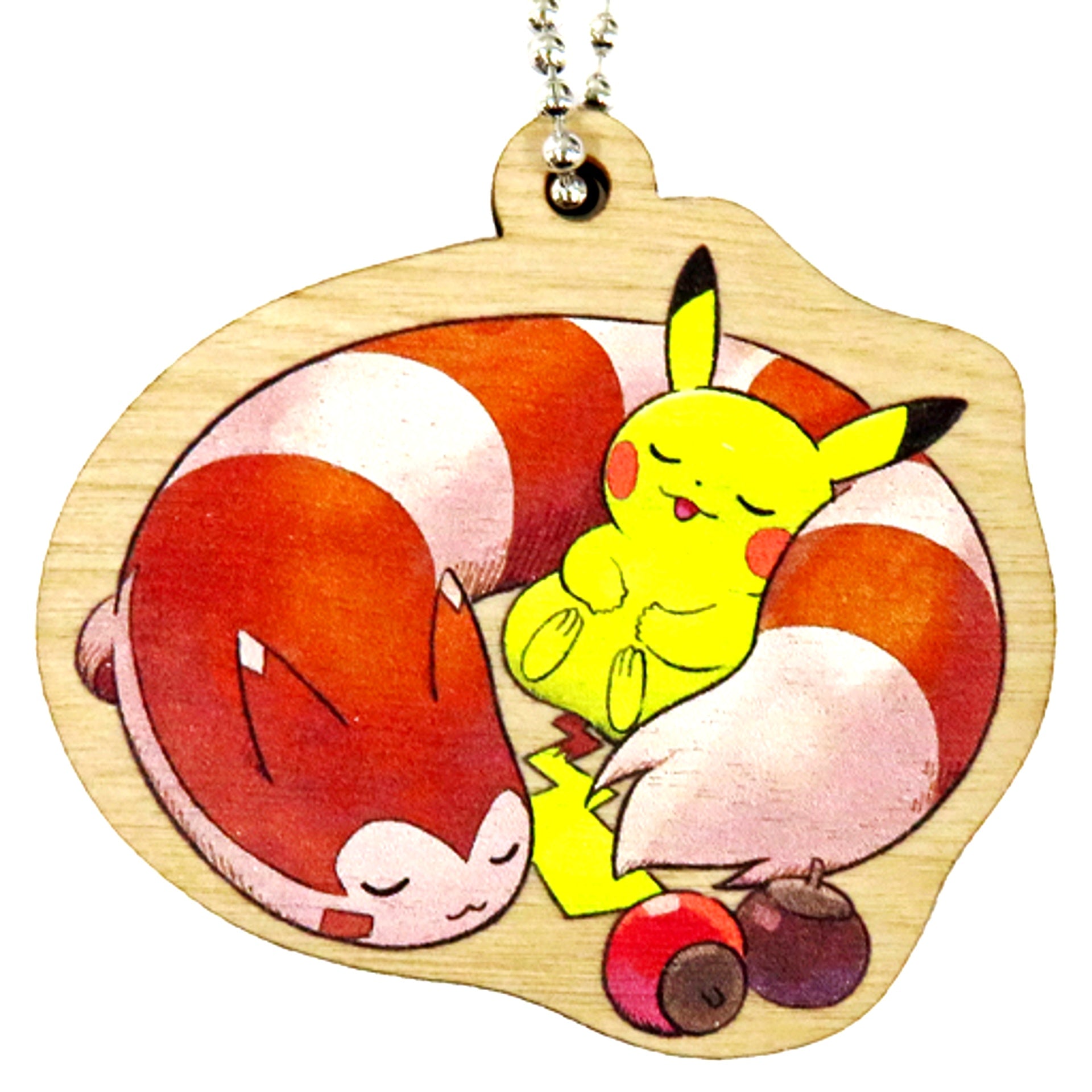 Pikachu & Furret Pokemon Wooden Keychain Collection Mori no Okurimono Pokemon Center Limited [USED]