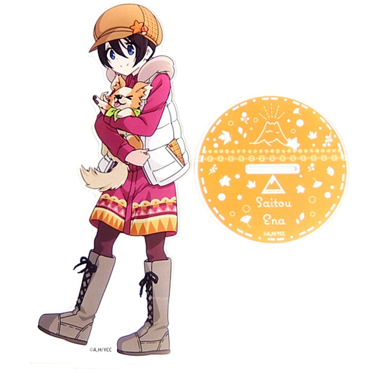 Ena Saito BIG Acrylic Stand Laid-Back Camp Dream Can Badge Maple Leaf Smelt Art Prize [USED]