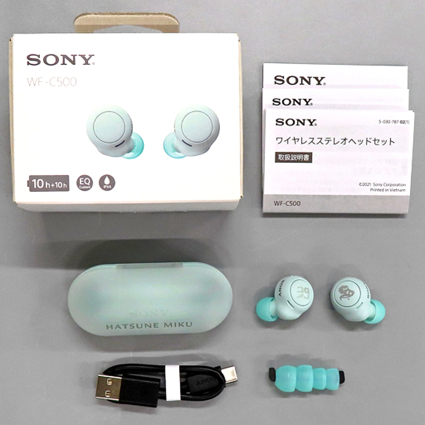 Hatsune Miku Collaboration Model Wireless Stereo Headset WF-C500/MK Ice Green R Silhouette L 39 VOCALOID [USED]