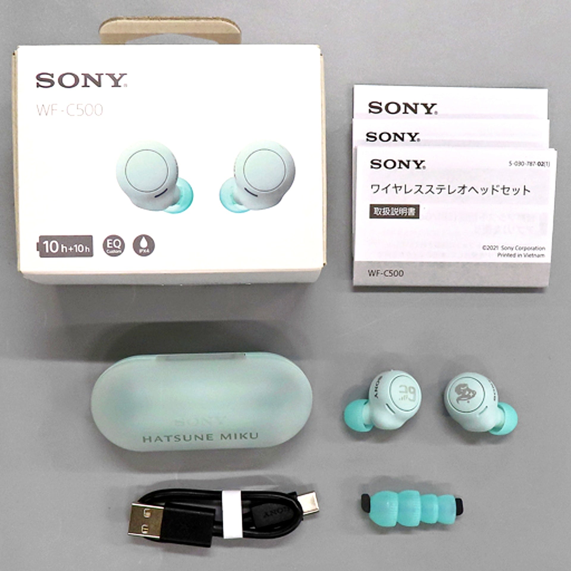 Hatsune Miku Collaboration Model Wireless Stereo Headset WF-C500/MK Ice Green R Silhouette L 39 VOCALOID [USED]