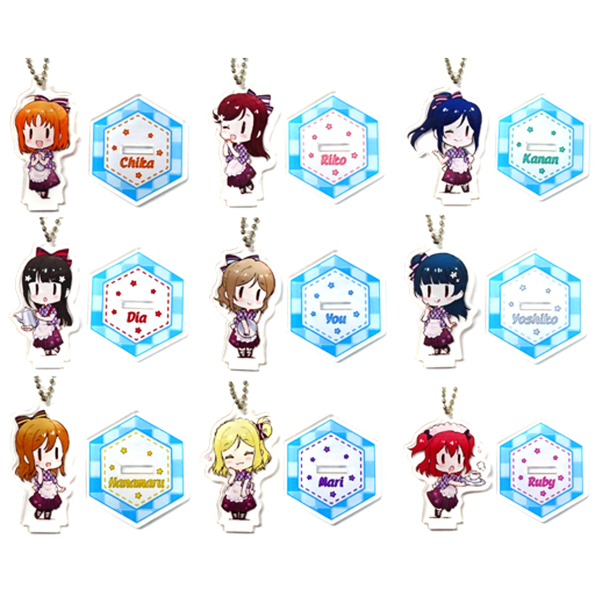 Set of 9 Aqours Waitress Love Live! Series GiGO Collabo Cafe LoveLive!Days Deformed Acrylic Keychain with Stand [USED]
