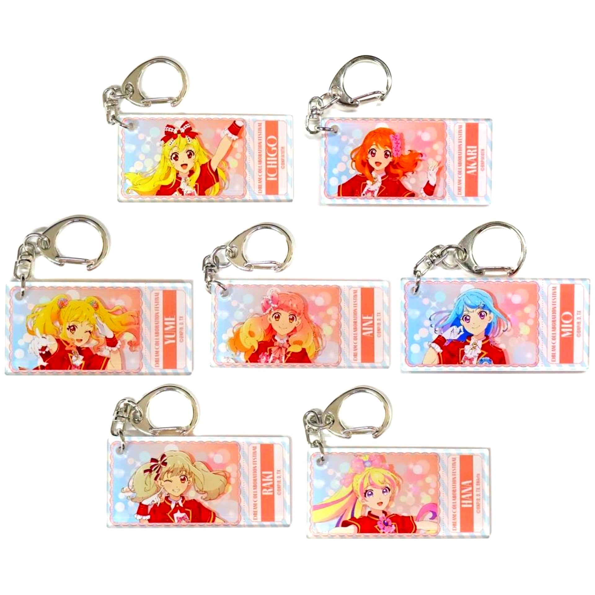 Set of 7 Dream Collaboration Festival DoriColla Fes. Aikatsu! Series & Pretty Series Trading Ticket Style Acrylic Keychain Aikatsu! Series Ver. [USED]