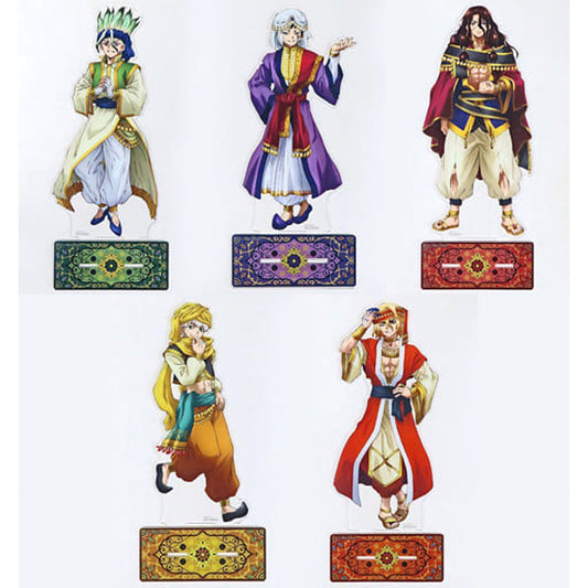 Dr. STONE Senku Ishigami & Others All 5 Types Set Big Acrylic Stand Arabian Happiness Button Badge Box with Prizes Winning A–E Prize Buttons [USED]