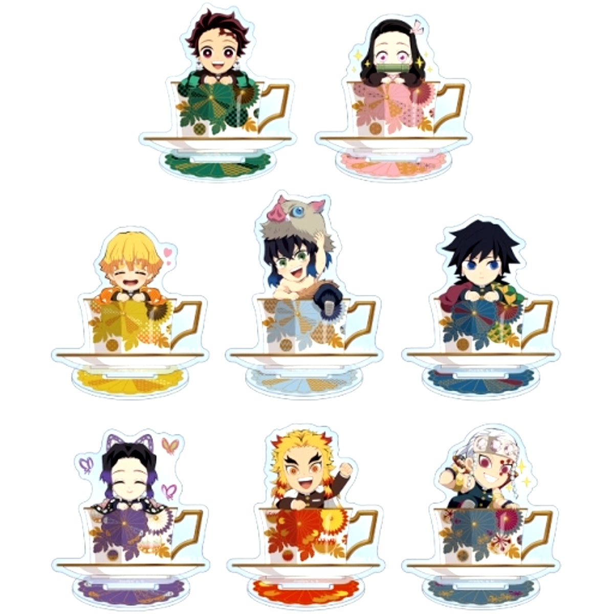 Set of 8 Demon Slayer: Kimetsu no Yaiba Trading Mini Character Tea Cup Ver. Acrylic Stand [USED]