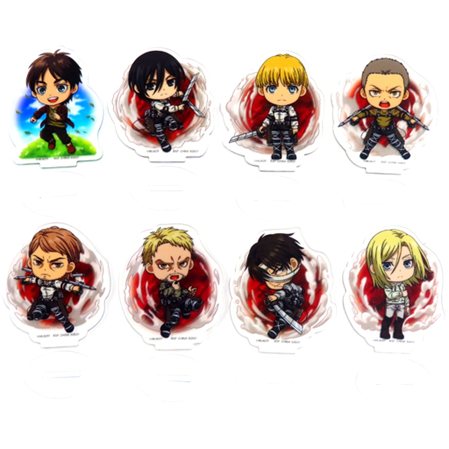 Set of 8 Acrylic Stand Kyun Chara Illustrations Ichiban Kuji Attack on Titan Seeking Freedom Prize H [USED]