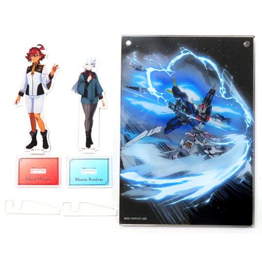 Suletta & Miorine & Aerial Rebuild Mobile Suit Gundam: The Witch from Mercury Charapop Store Layered Acrylic Illustration Board + Acrylic Stand Set [USED]