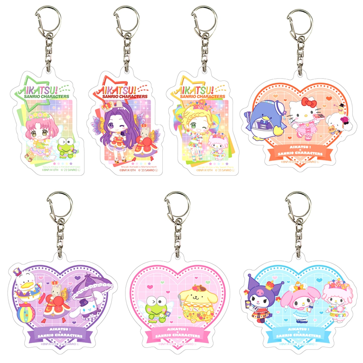 Set of 7 Aikatsu! x Sanrio Characters Collabo 2nd Pop Up Shop Acrylic Keychain Mini Character Illustration [USED]