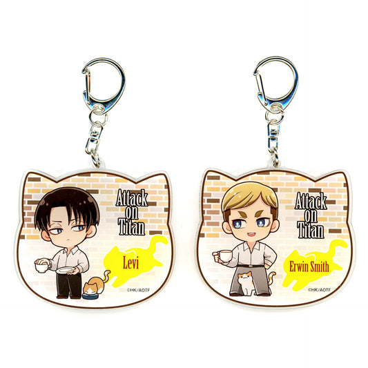 Levi & Erwin Smith Attack on Titan Mini Chara Acrylic Keychain Cafe Cat Ver. Princess Cafe [USED]