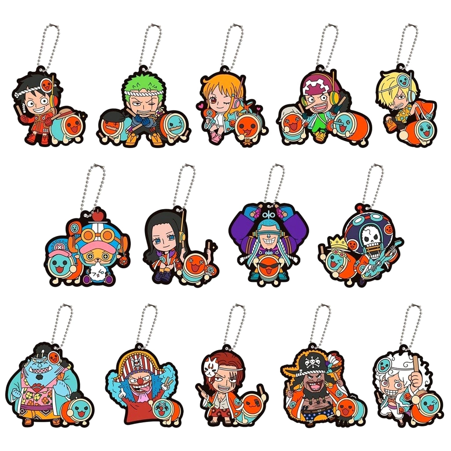 One Piece X Taiko no Tatsujin Roronoa Zoro & Others Capsule Rubber Mascot All 14 Types Set Keychains [USED]