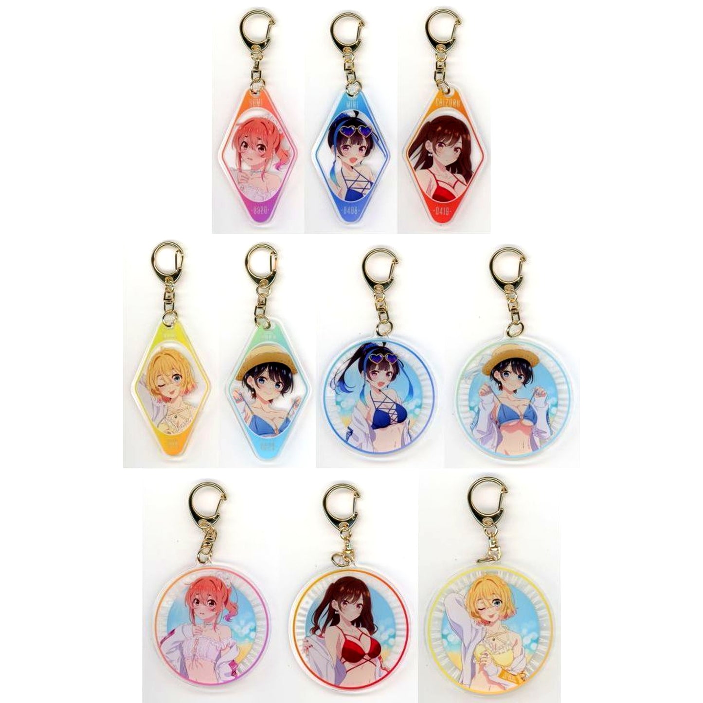 Set of 10 Rent-A-Girlfriend arti-mate Trading Acrylic Keychain Drawn Swimsuit Ver. [USED]
