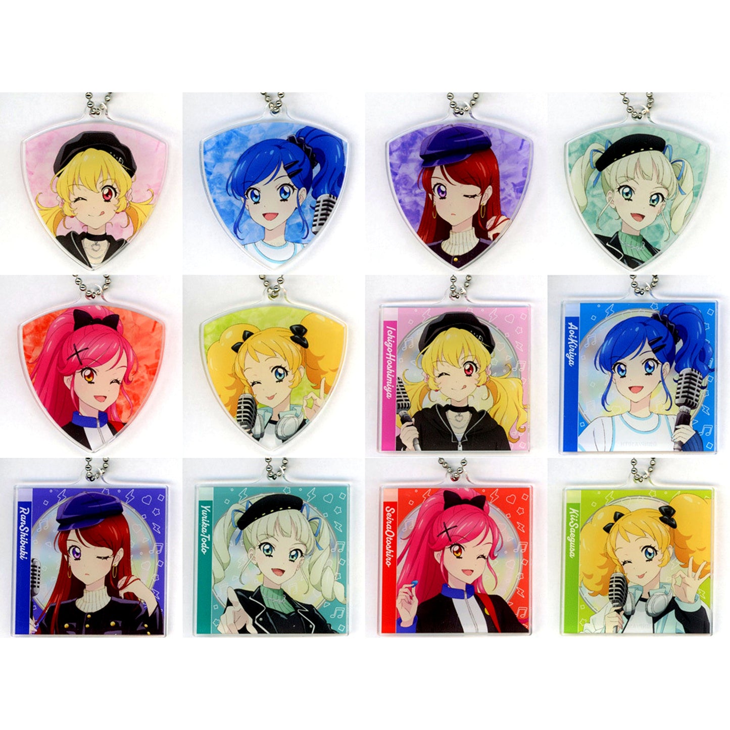 Set of 12 Aikatsu! 10th Story Starway to the Future Illustration Casual Rock Ver. Trading Pick & CD Jacket Style Acrylic Keychain [USED]